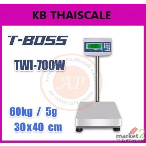 ตาชั่งดิจิตอล พิกัด 60kg ละเอียด 5g ขนาดแท่น 30x40cm. ยี่ห้อ T-BOSS รุ่น TWI-700